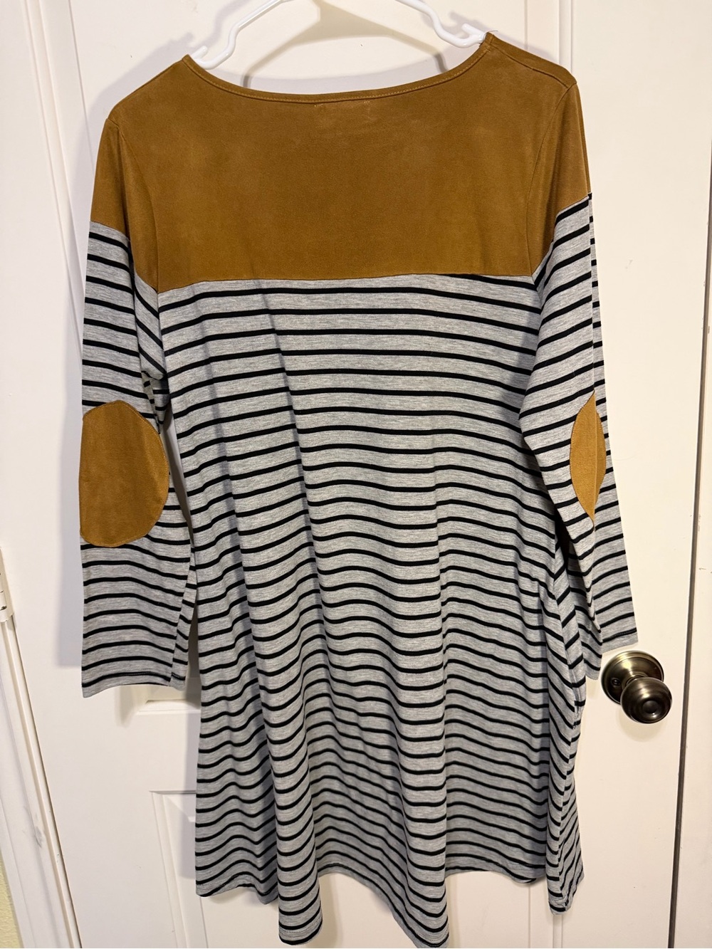 Striped Long-Sleeve Tunic Dress with Mustard Yoke and Elbow Patches